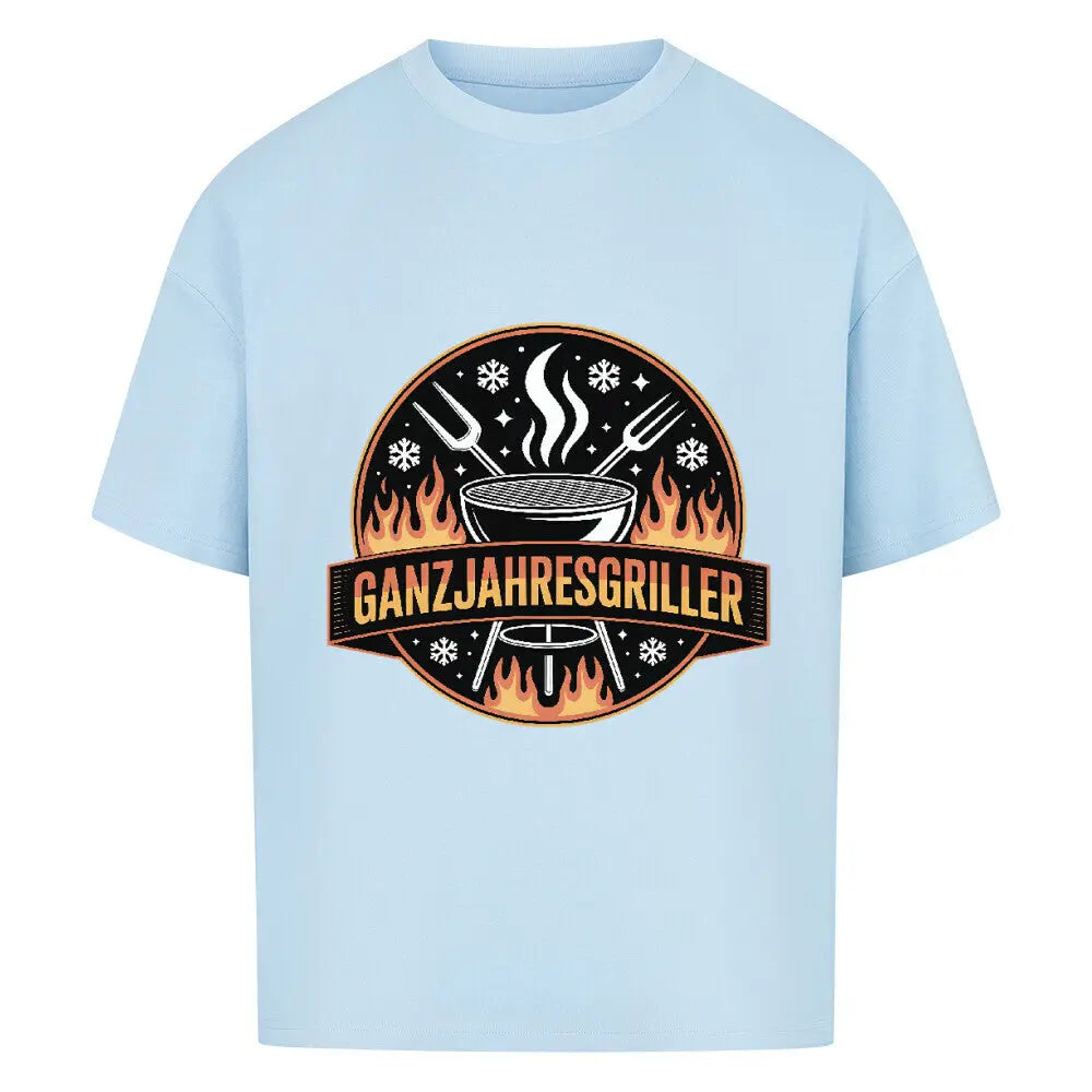 Ganzjahresgriller – Feuer & Schnee Emblem – Oversized Shirt – Motivdruck in Babyblau