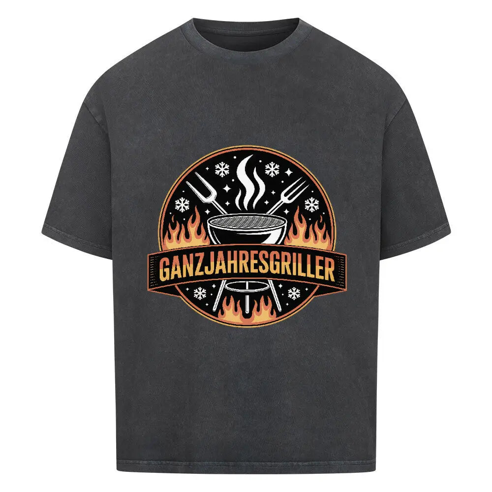 Ganzjahresgriller – Feuer & Schnee Emblem – Oversized Shirt – Motivdruck in Washed Black