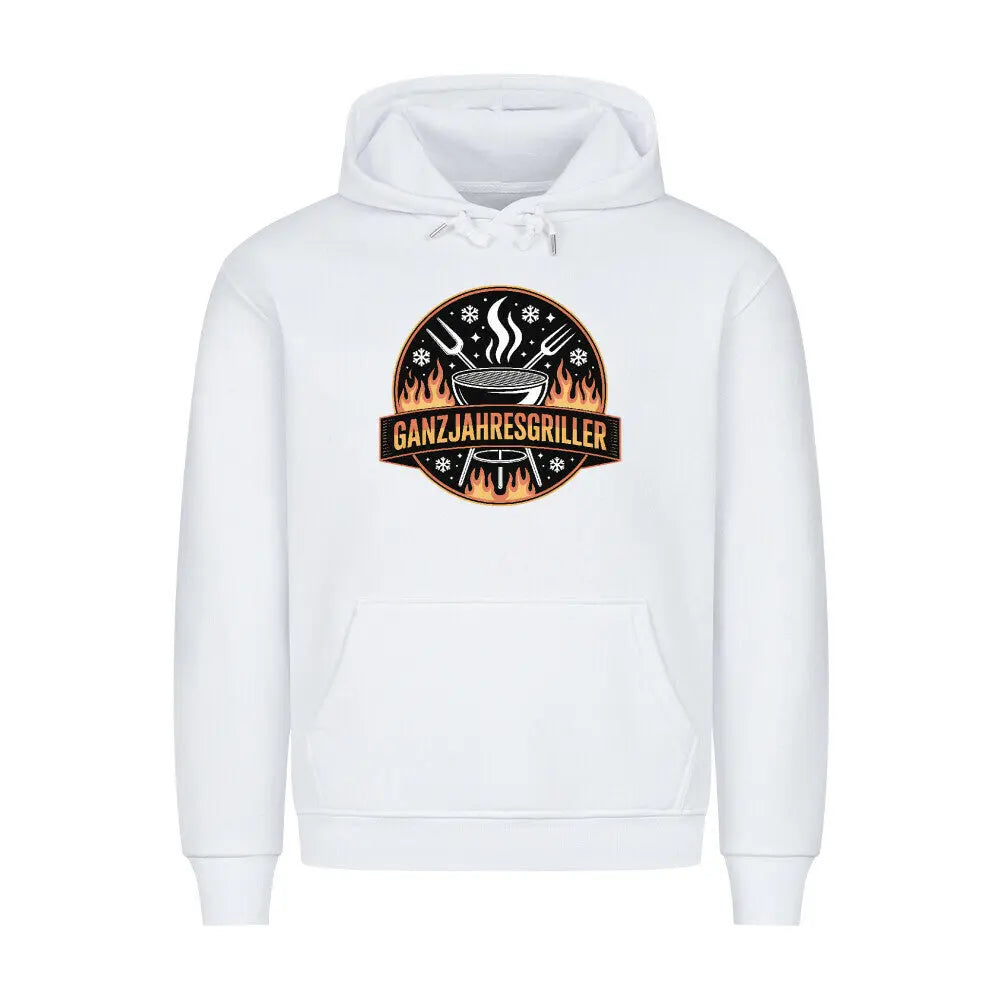 Ganzjahresgriller – Feuer & Schnee Emblem – Premium Hoodie – Motivdruck in Weiß
