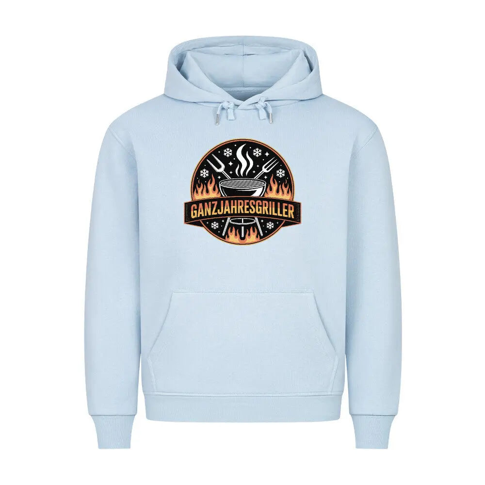 Ganzjahresgriller – Feuer & Schnee Emblem – Premium Hoodie – Motivdruck in Babyblau