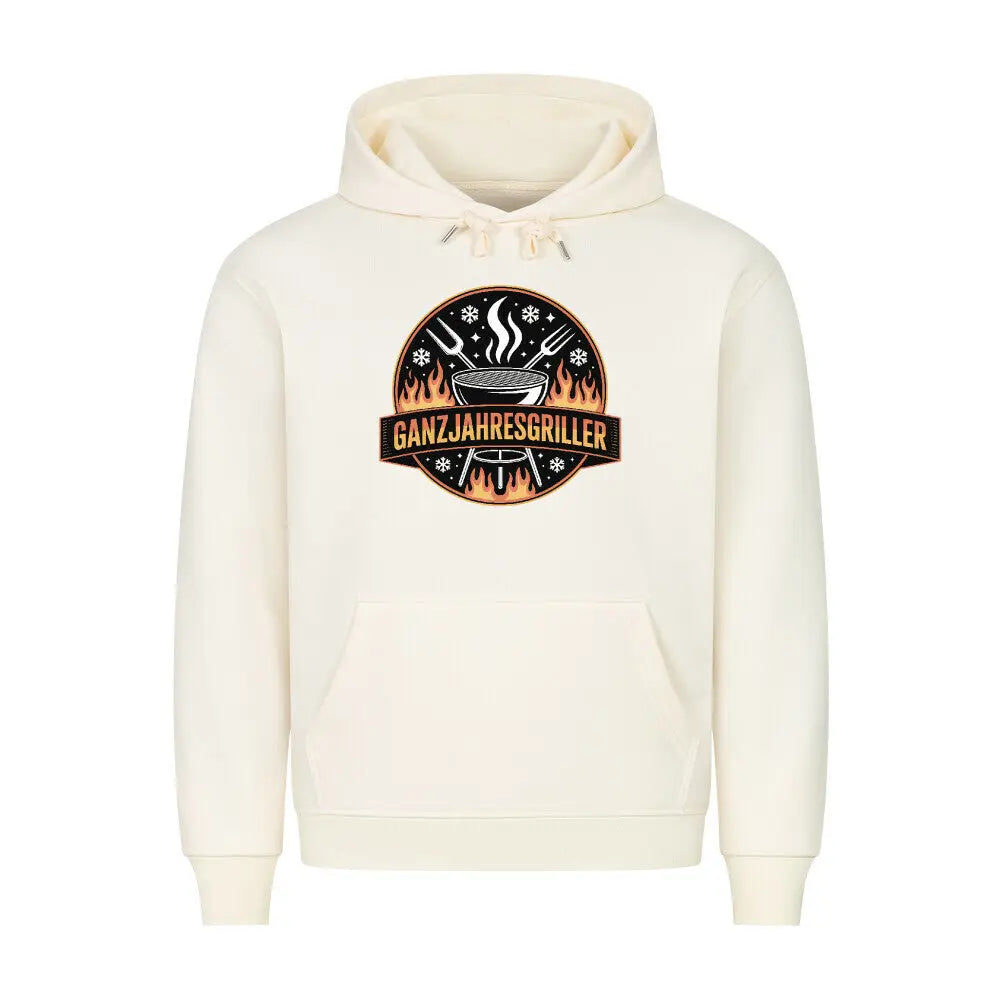 Ganzjahresgriller – Feuer & Schnee Emblem – Premium Hoodie – Motivdruck in Beige