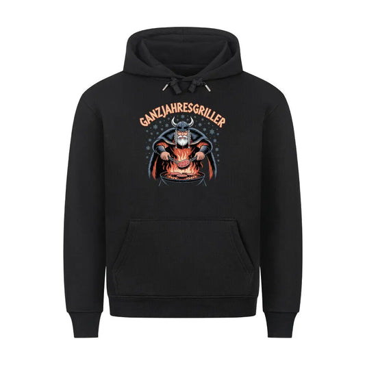 Ganzjahresgriller – Wikinger am Grill – Premium Hoodie – Motivdruck in Schwarz