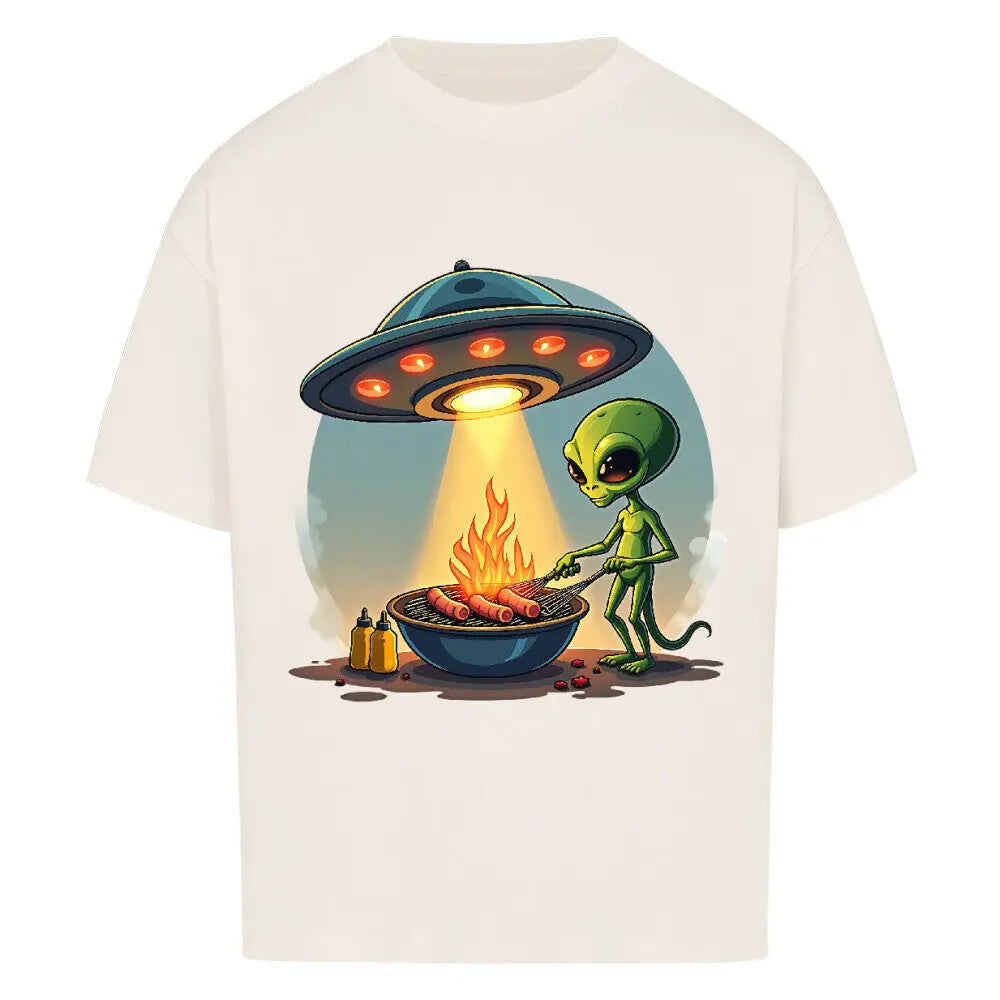 Alien BBQ – Intergalactic Grill Session – Oversized Shirt – Motivdruck in Natural Raw