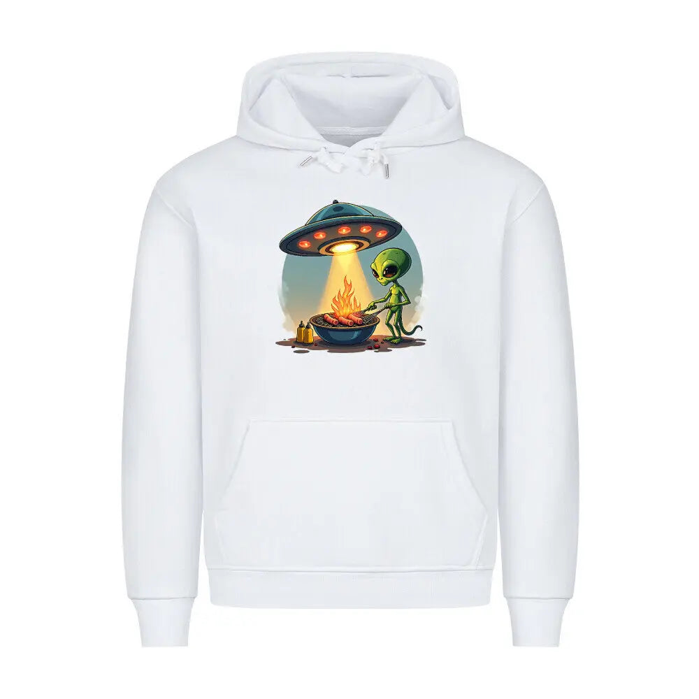 Alien BBQ – Intergalactic Grill Session – Premium Hoodie – Motivdruck in Weiß