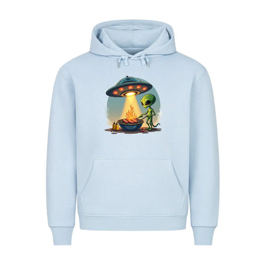 Alien BBQ – Intergalactic Grill Session – Premium Hoodie – Motivdruck in Babyblau