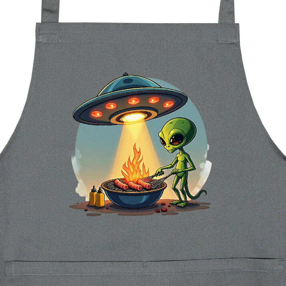 Alien BBQ – Intergalactic Grill Session – Grillschürze – Motivdruck in Anthrazit, Nahaufnahme