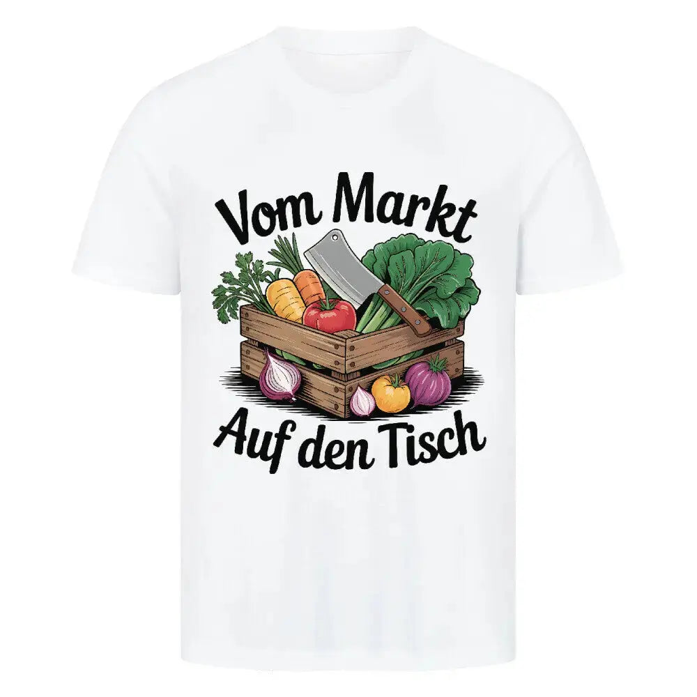 Vom Markt auf den Tisch – Premium T-Shirt (Farm-to-Table Kochdesign) – Motivdruck in Weiß