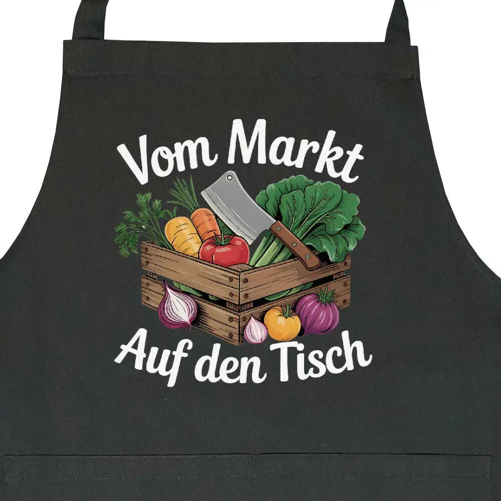 Vom Markt auf den Tisch – Meatware Premium Kochschürze – Motivdruck in Schwarz, Nahaufnahme