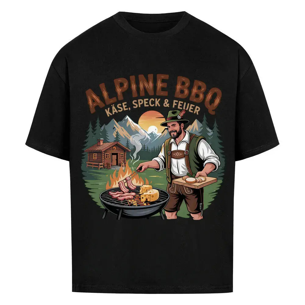 Alpine BBQ Käse Speck & Feuer – Lässiges Oversized T-Shirt (Rustikales Alpen Grillmeister & Hütte Streetwe – Motivdruck in Schwarz