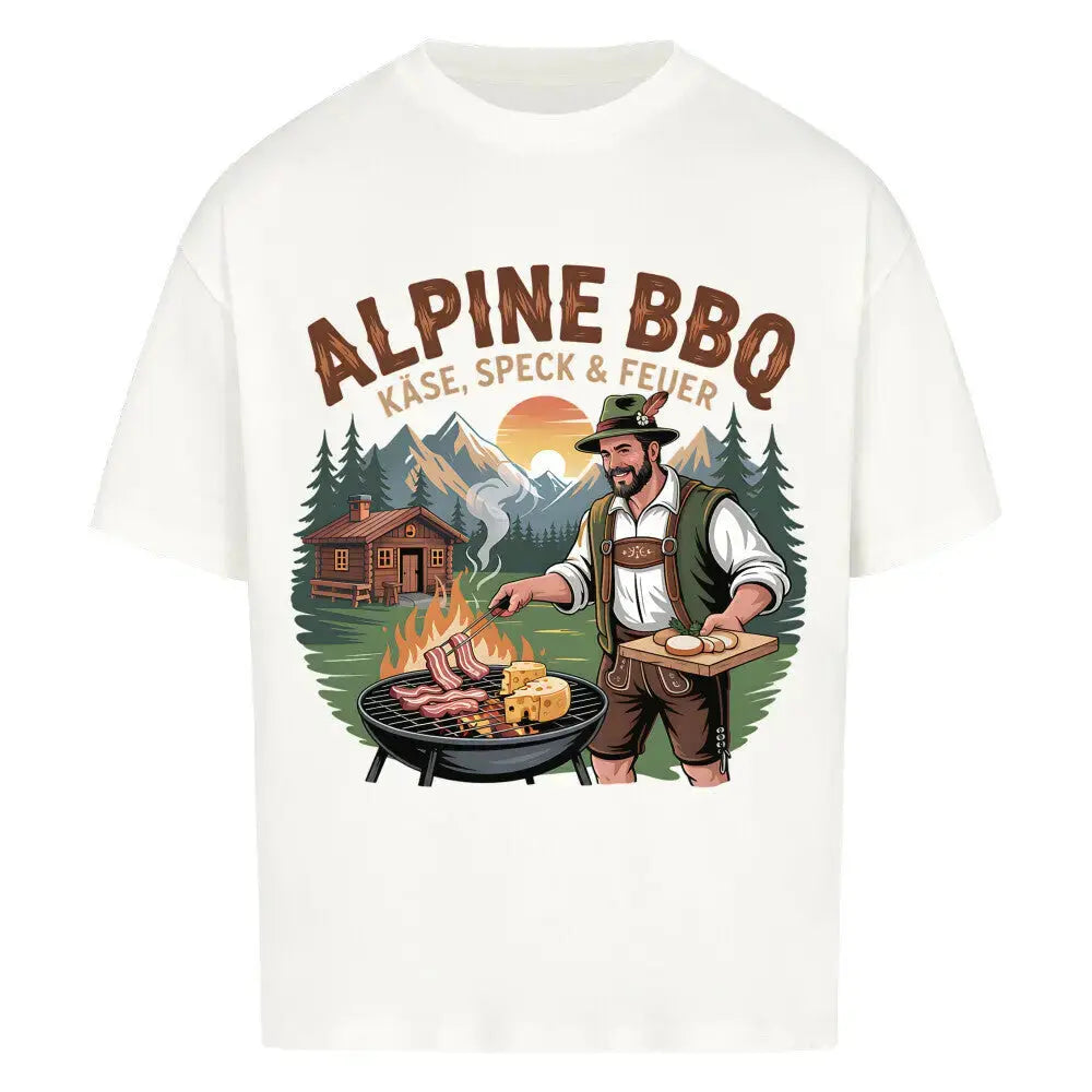 Alpine BBQ Käse Speck & Feuer – Lässiges Oversized T-Shirt (Rustikales Alpen Grillmeister & Hütte Streetwear – Motivdruck in Weiß
