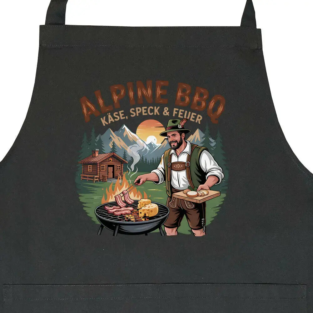 Alpine BBQ Käse Speck & Feuer – Premium Grillschürze (Lustige Alpen Grill & Kochschürze) – Motivdruck in Schwarz, Nahaufnahme
