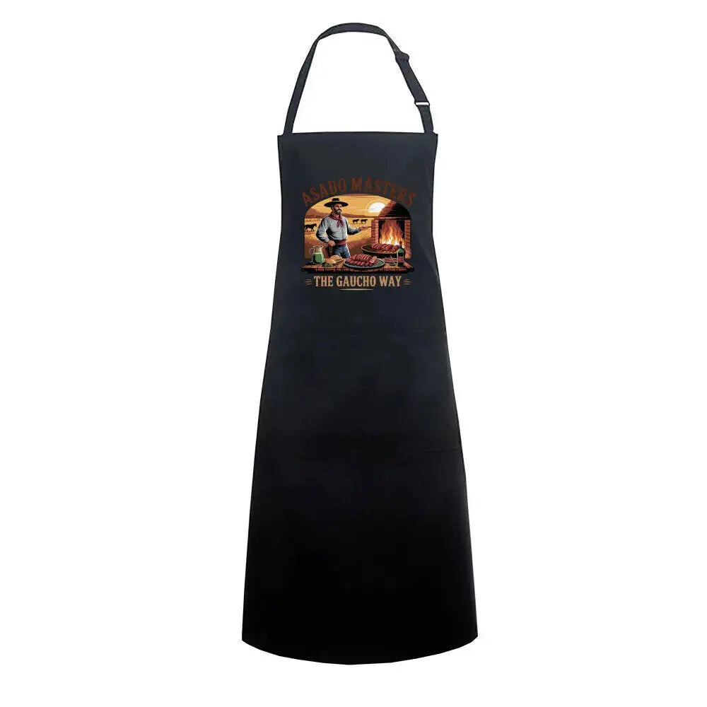 Asado Masters The Gaucho Way – Premium Grillschürze (Argentinisches Grillen & Open Fire Kochschürze) – Motivdruck in Schwarz