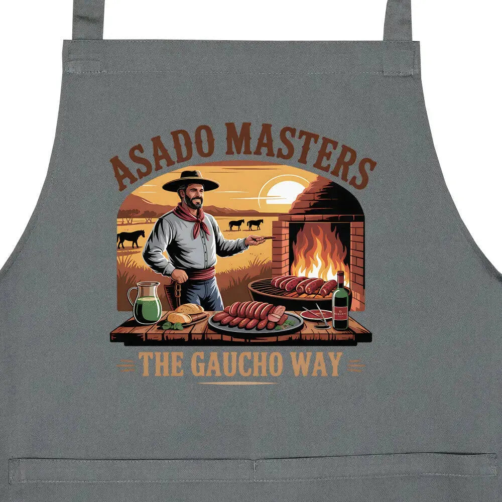 Asado Masters The Gaucho Way – Premium Grillschürze (Argentinisches Grillen & Open Fire Koc – Motivdruck in Anthrazit, Nahaufnahme