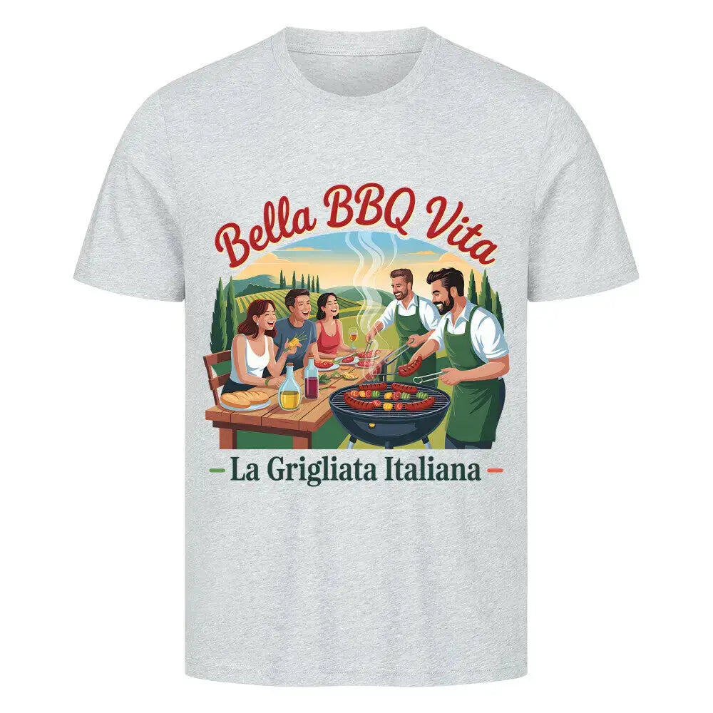 Bella BBQ Vita – Premium T-Shirt (Lustiges Italien & Grillen Lifestyle Shirt) – Motivdruck in Heather Grey