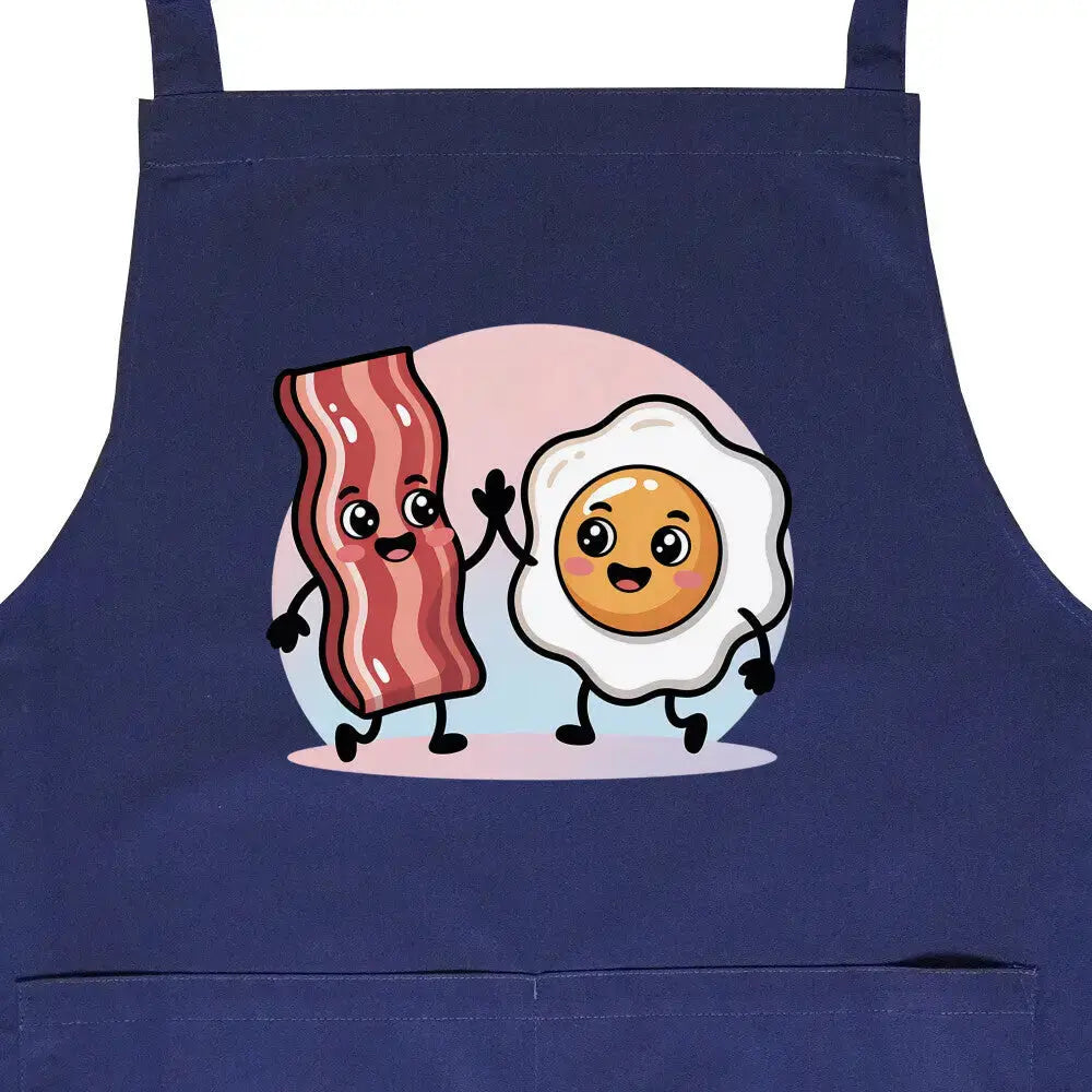 Bacon & Egg Friends – Premium Grillschürze (Lässige Kochschürze für Frühstück & BBQ) – Motivdruck in Navy, Nahaufnahme