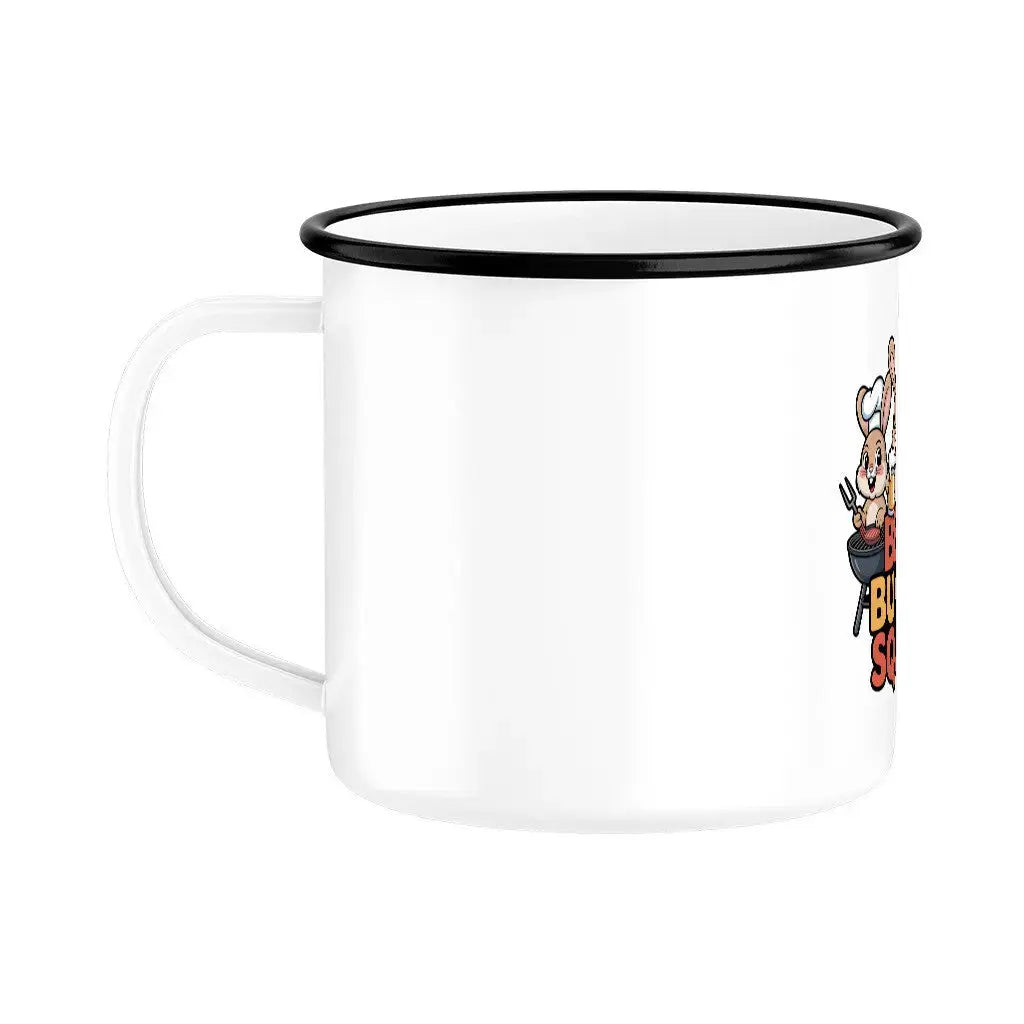 BBQ Bunny Squad Emaille Tasse – Robuster Outdoor Becher | Meatware® – Motivdruck in Schwarz, weitere Ansicht