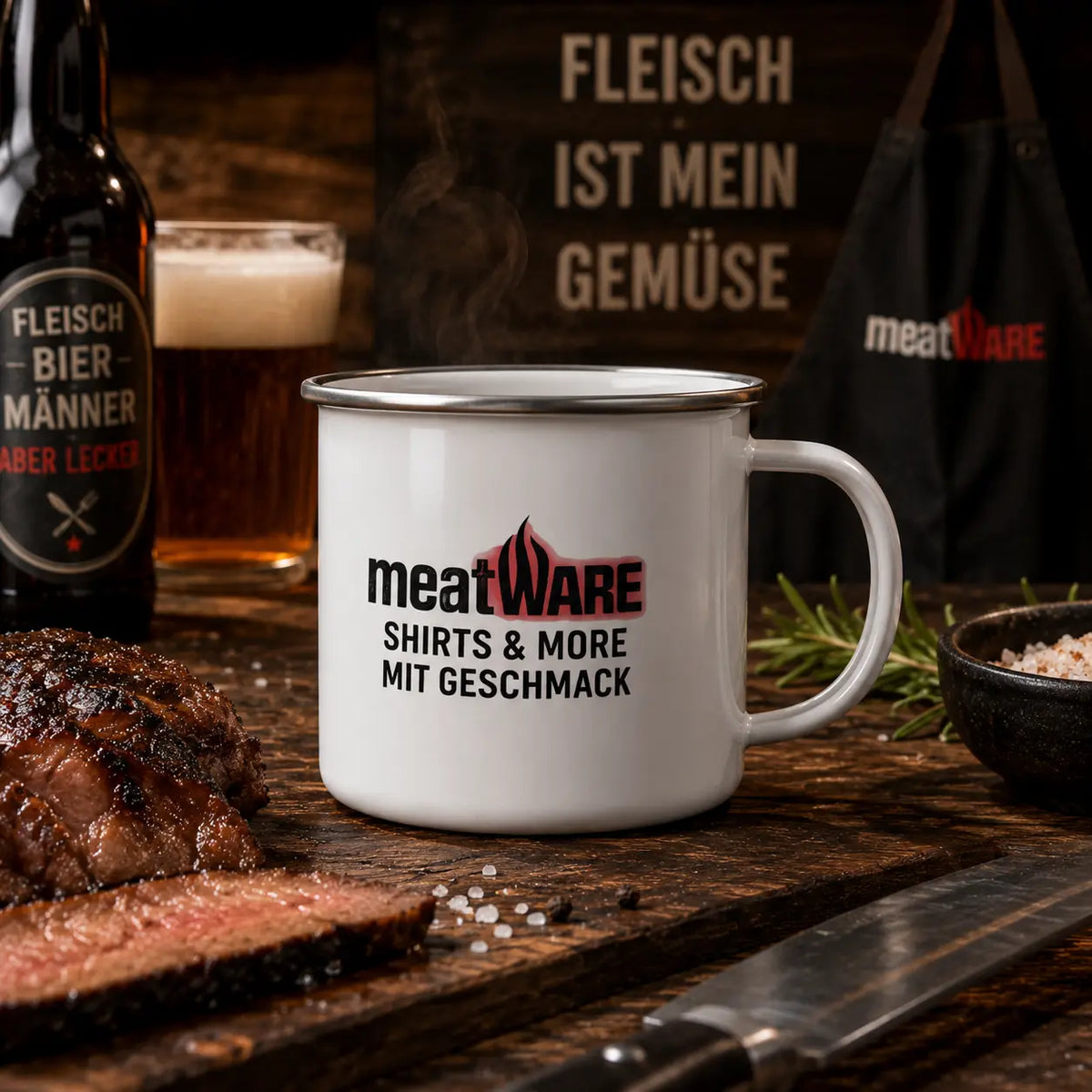 meatWARE Logo – Emaille Tasse – Meatware Nahaufnahme