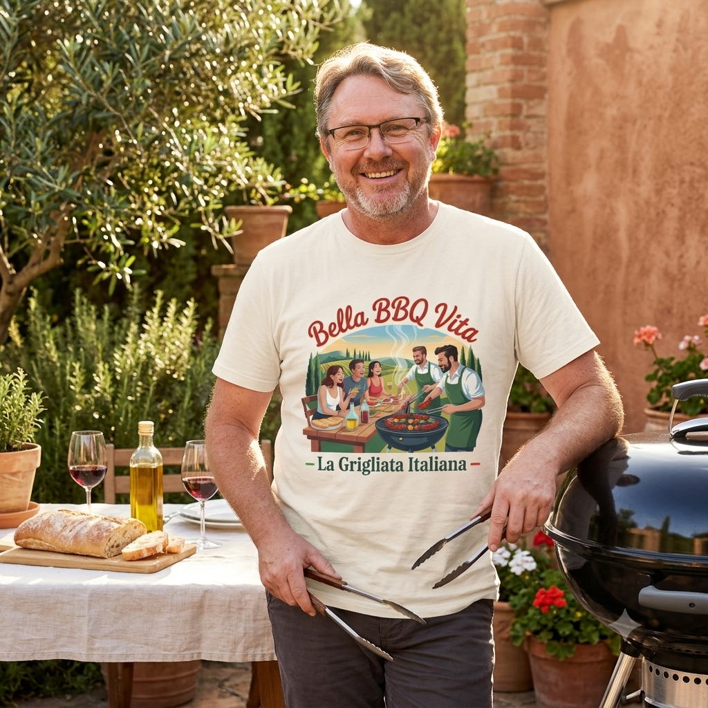 Bella BBQ Vita – Premium T-Shirt (Lustiges Italien & Grillen Lifestyle Shirt) – Meatware Detailansicht