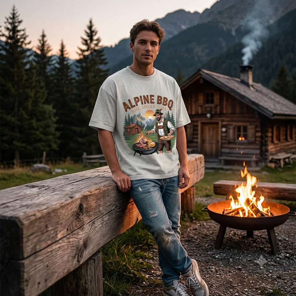 Alpine BBQ Käse Speck & Feuer – Lässiges Oversized T-Shirt (Rustikales Alpen Grillmeister & Hütte Streetw – Meatware Detailansicht