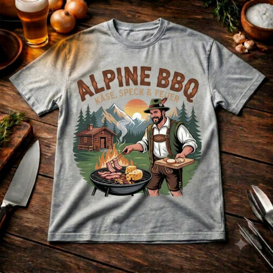 Alpine BBQ Käse Speck & Feuer – Lässiges Oversized T-Shirt (Rustikales Alpen Grillmeister & Hütte Streetwea – Meatware Produktfoto