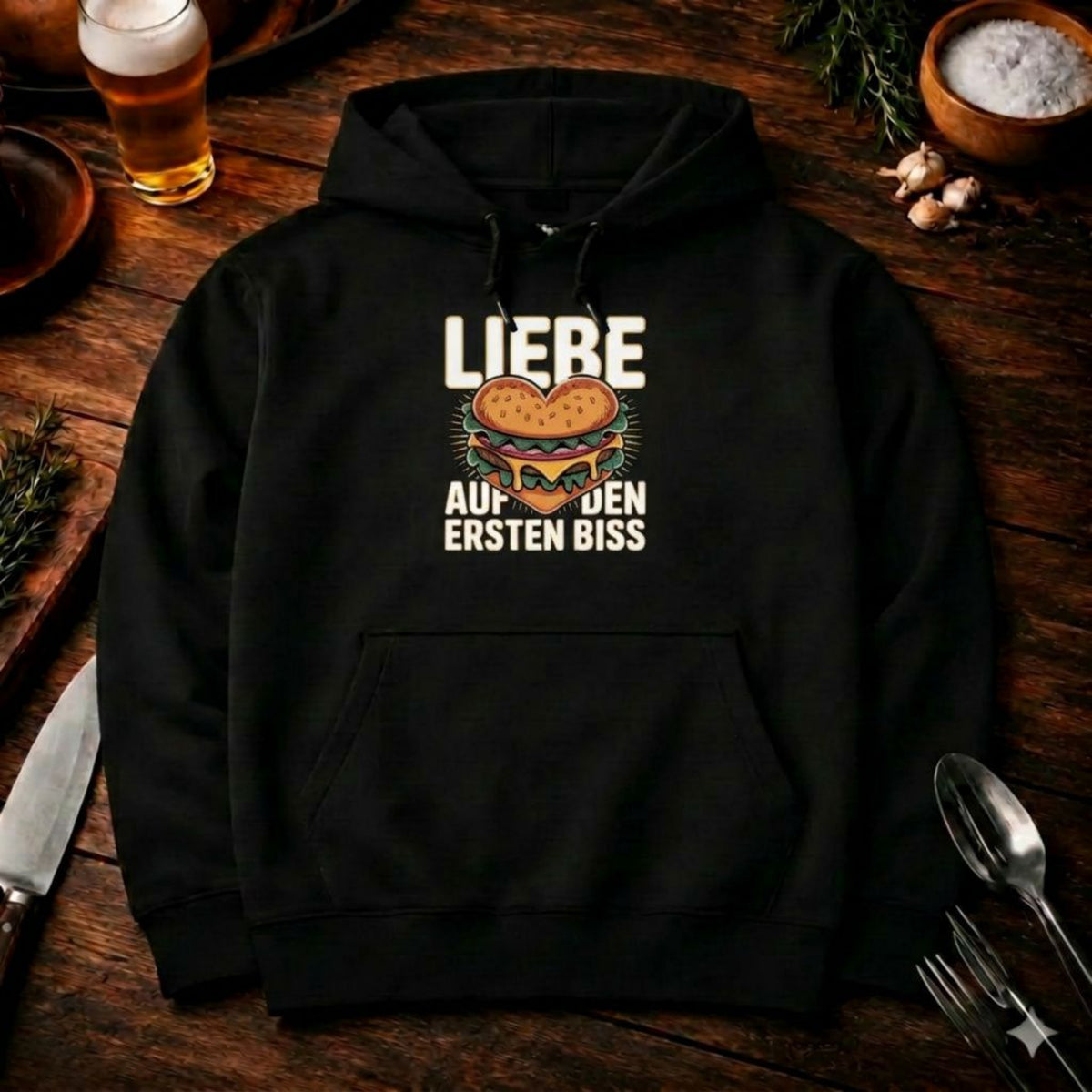 Liebe auf den ersten Biss – Premium Hoodie (Burger-Liebe) – Meatware Produktfoto