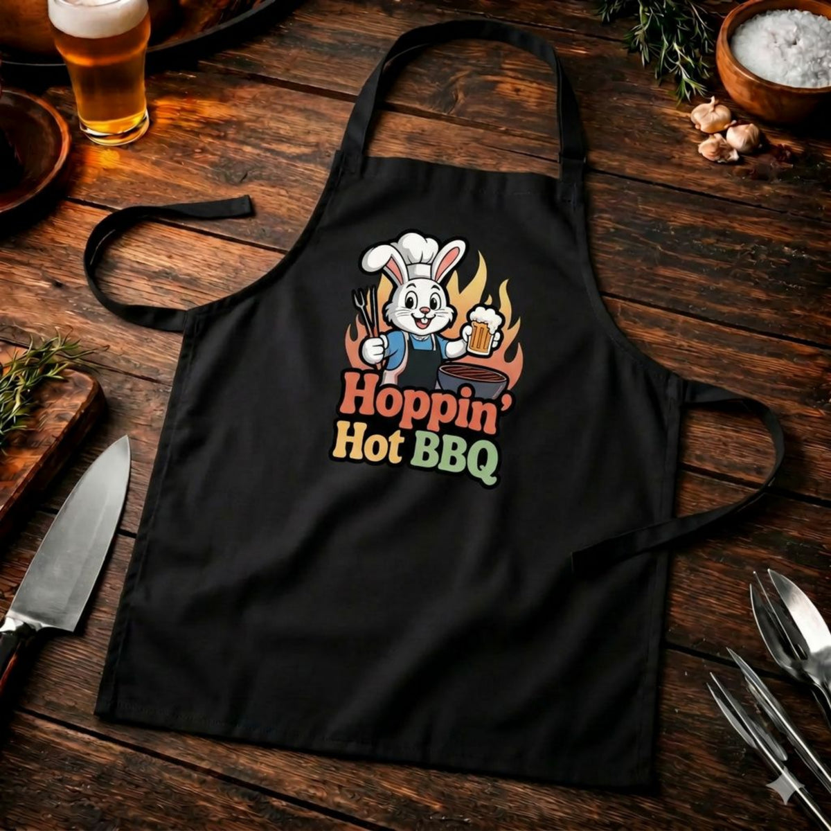 Hoppin' Hot BBQ Grillschürze – Lustiges Hasen-Design | Profi BBQ Latzschürze – Meatware Produktfoto