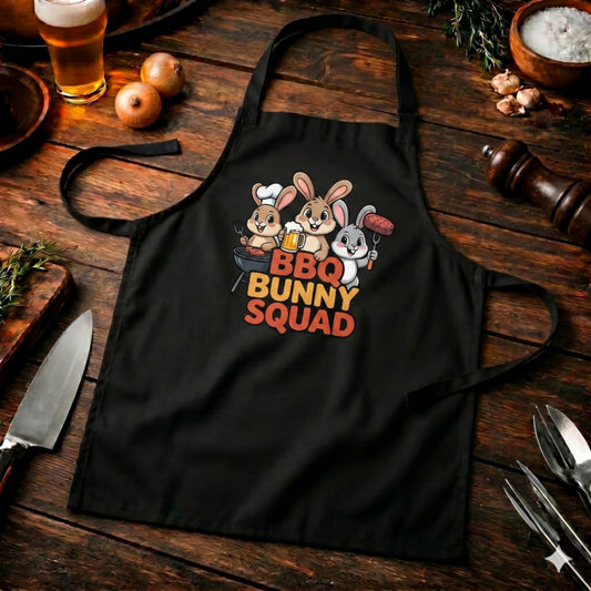 BBQ Bunny Squad Grillschürze – Lustiges Hasen Team Motiv | Schwarze BBQ Latzschürze – Meatware Produktfoto