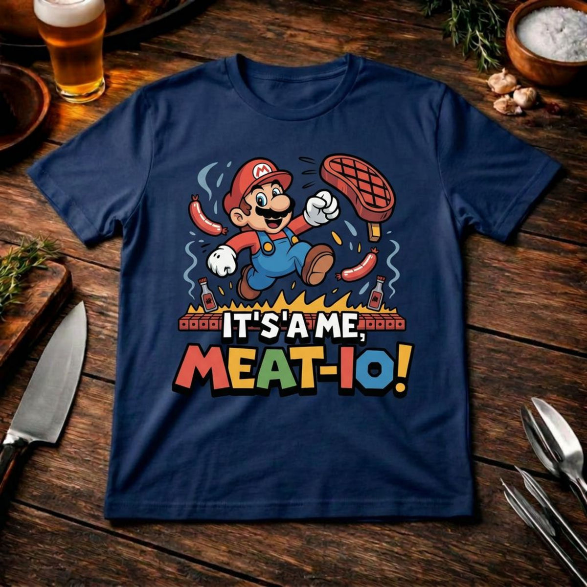 Meat-io Fleisch-Klempner T-Shirt – Retro Gamer BBQ Mashup | Meatware® – Meatware Produktfoto