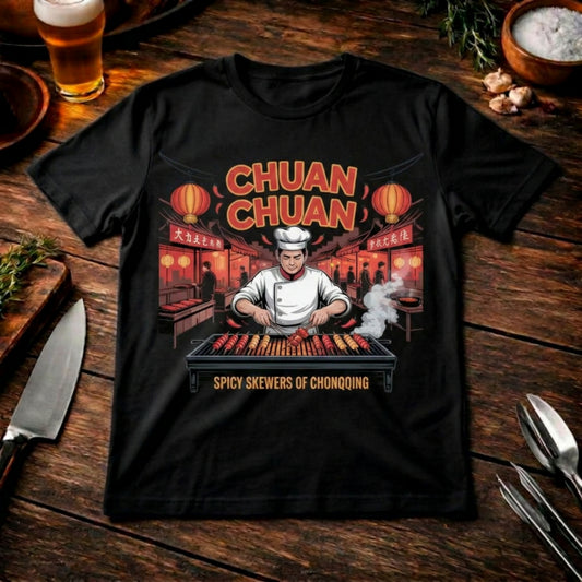 Chuan Chuan Chongqing – Premium T-Shirt (Asian BBQ & Spicy Skewers Street Food Style) – Meatware Produktfoto