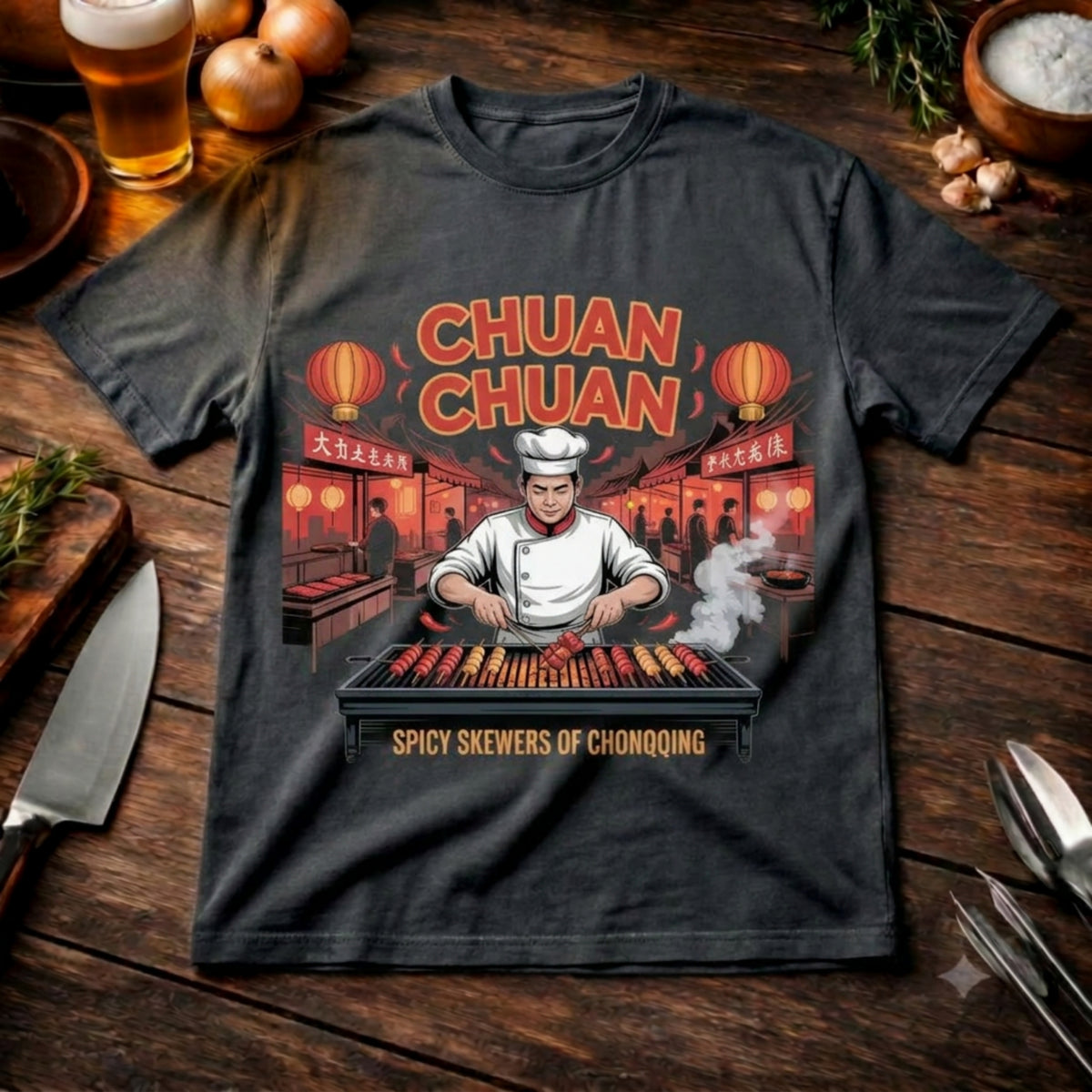 Chuan Chuan Chongqing – Lässiges Oversized T-Shirt (Spicy Asian BBQ Streetwear) – Meatware Produktfoto