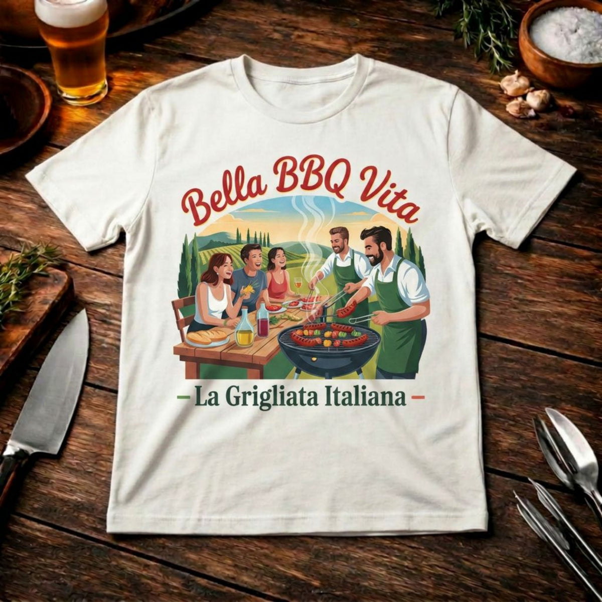 Bella BBQ Vita – Premium T-Shirt (Lustiges Italien & Grillen Lifestyle Shirt) – Meatware Produktfoto