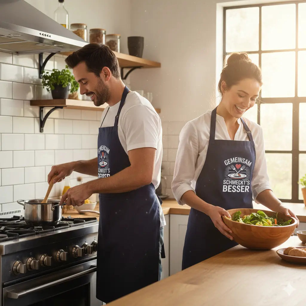 Ein lachendes Paar bereitet gemeinsam in einer hellen, modernen Küche eine Mahlzeit zu; beide tragen dunkelblaue Kochschürzen mit dem „Gemeinsam schmeckt’s besser“ Design, während er an einem Topf rührt und sie eine große Holzschale mit Salat hält.