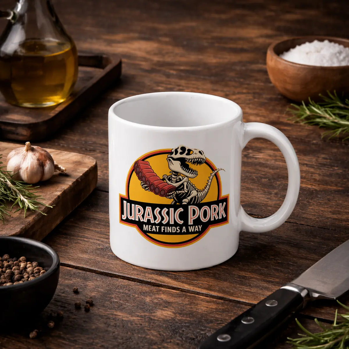 Keramik-Tasse Jurassic Pork – Lustiges Dino Wortspiel & Grill Geschenk – Meatware Produktfoto