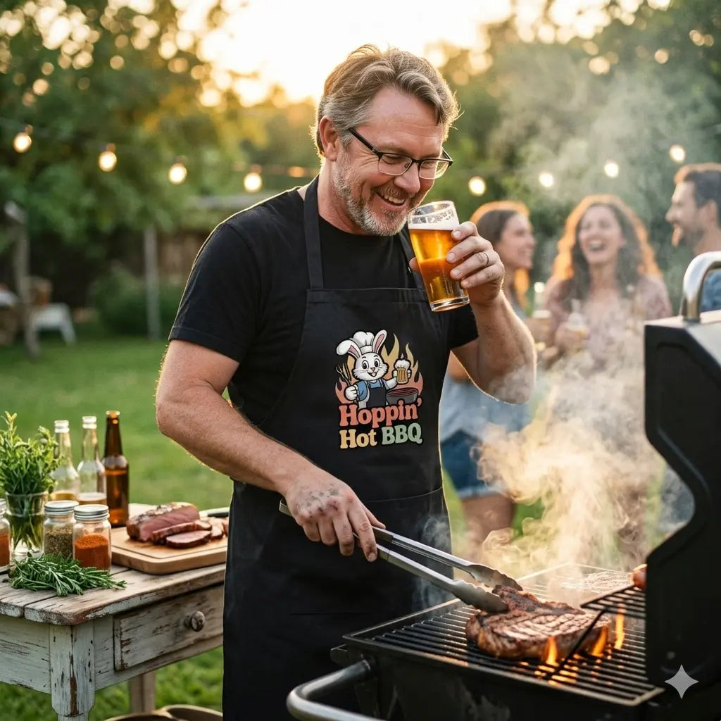 Grillmeister in der schwarzen Meatware Hoppin' Hot BBQ Schürze bereitet das Steak am Smoker vor