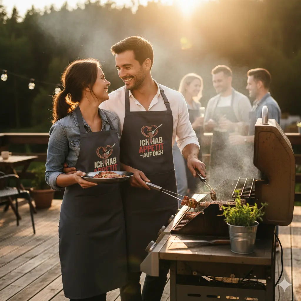 Paar in dunkelgrauen Grillschürzen mit "Ich hab Appetit auf dich" Logo lacht gemeinsam am Gasgrill bei Sonnenuntergang.