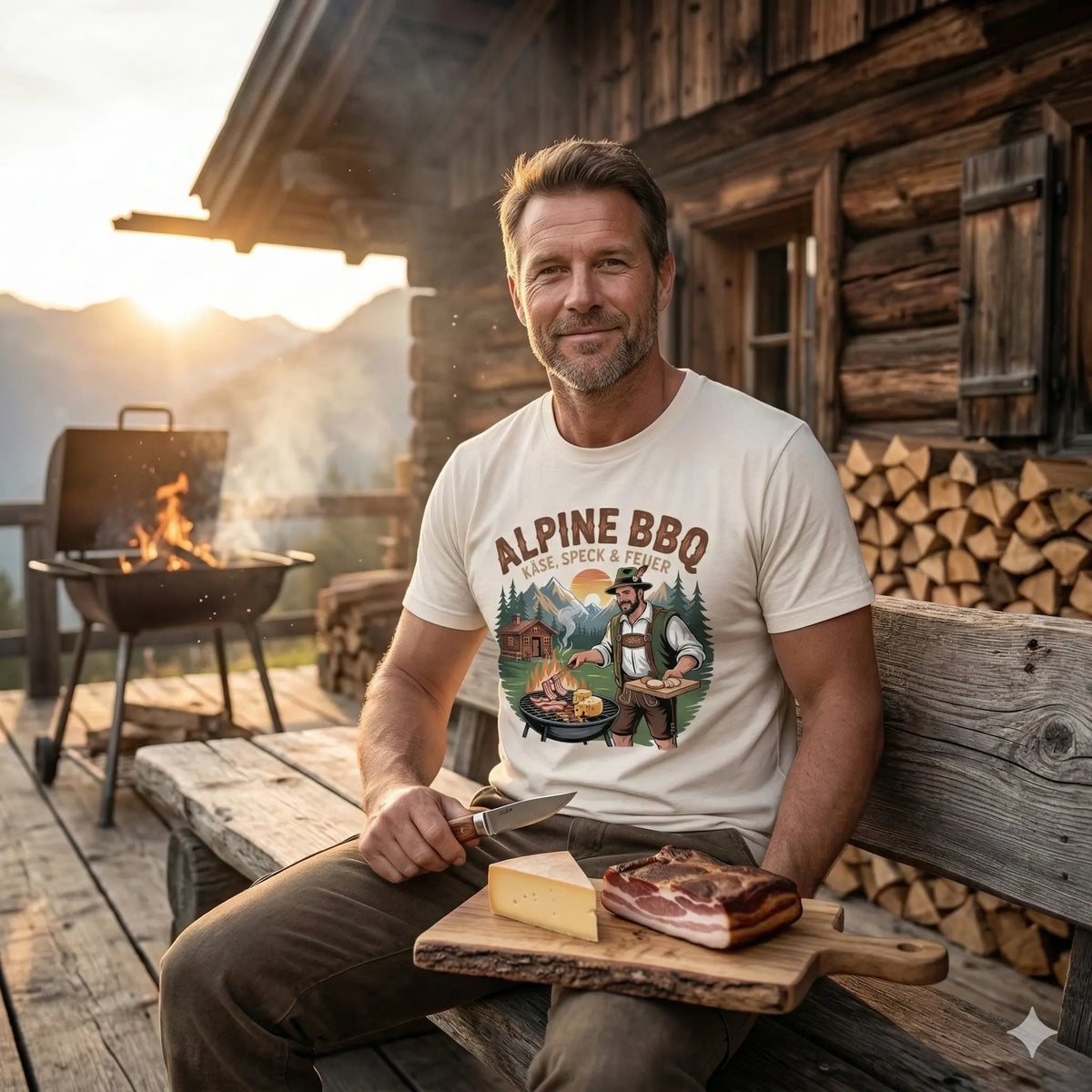 Lässiger Typ im Meatware Alpine BBQ Oversized Shirt (schwere Baumwolle) lehnt entspannt am Grill.