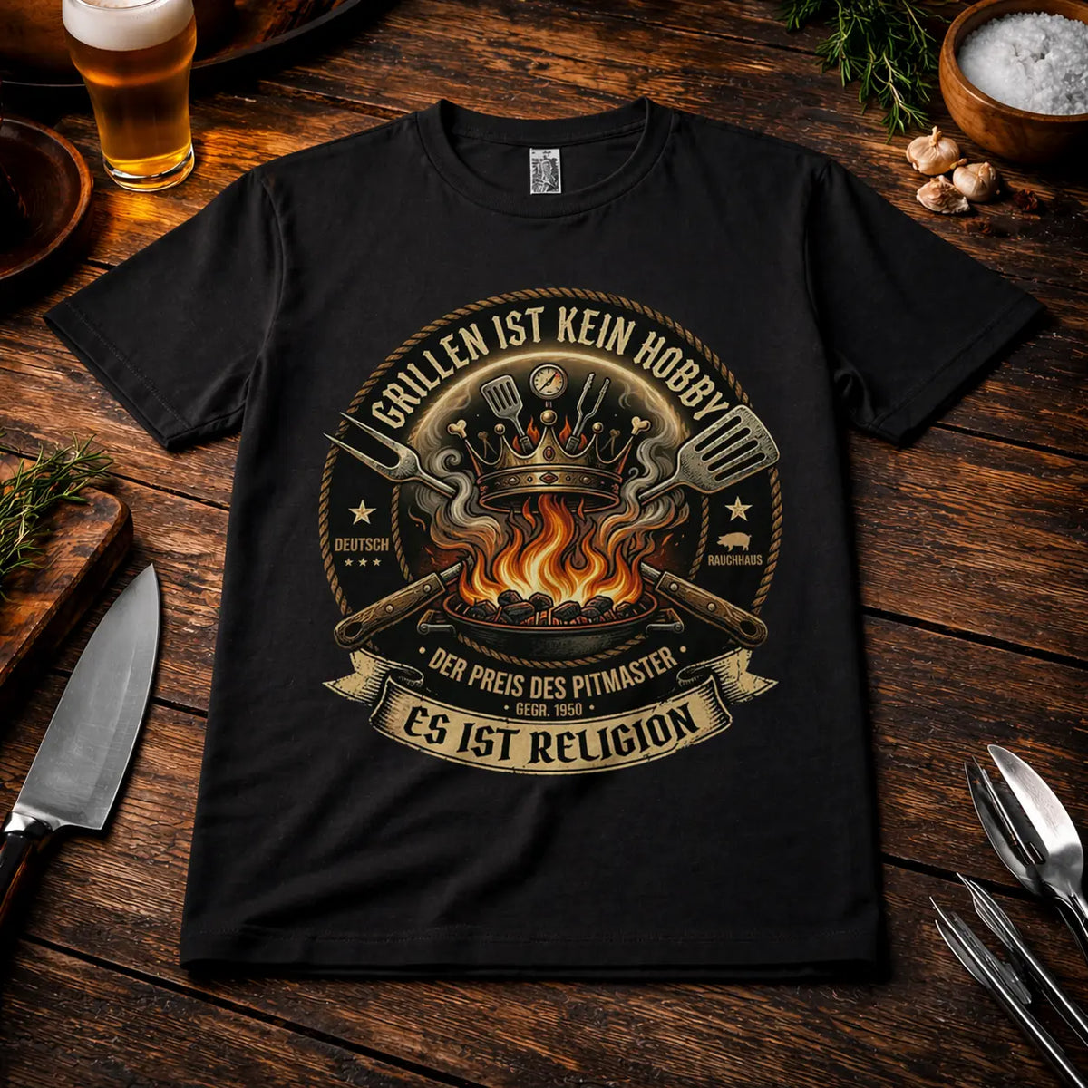 Schwarzes Premium T-Shirt mit Grillmotiv „Grillen ist kein Hobby es ist Religion“ im rustikalen BBQ Mockup auf Holztisch mit Bier, Messer und Kräutern, realistische Stoffstruktur und hochwertiger Druck.