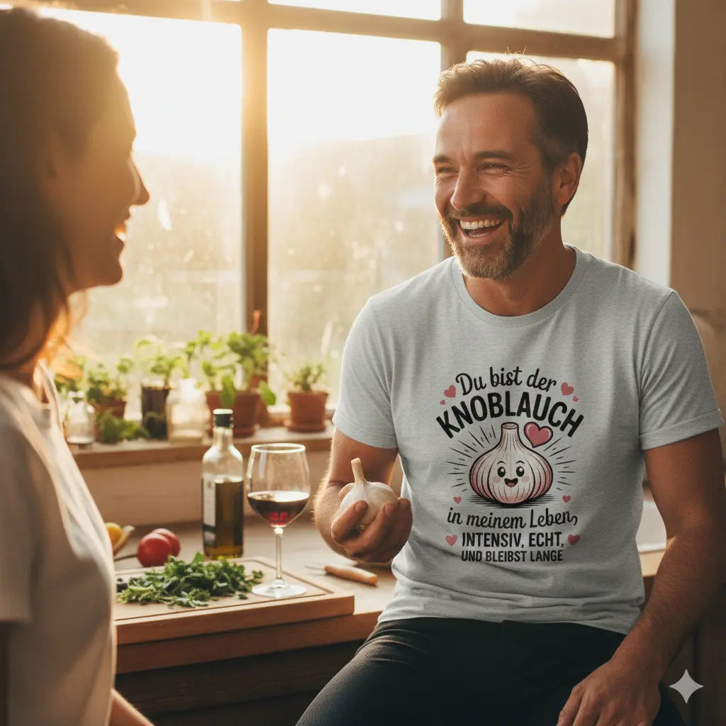 Ein graues Meatware T-Shirt mit einem lächelnden Kawaii-Knoblauch-Motiv und dem Spruch „Du bist der Knoblauch in meinem Leben – intensiv, echt und bleibst lange